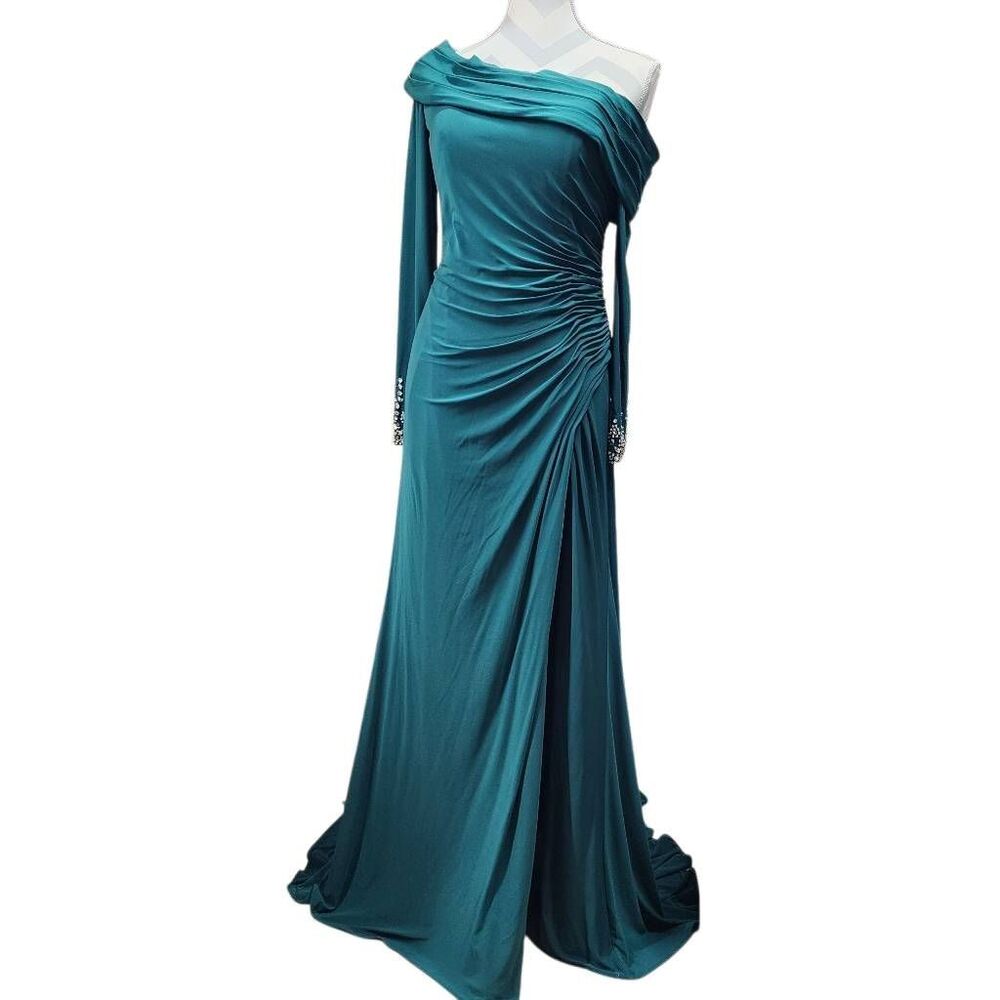 Mac Duggal Emerald Green One Shoulder Ruched Formal Gown Dress Size 8 NWT - Picture 3 of 11
